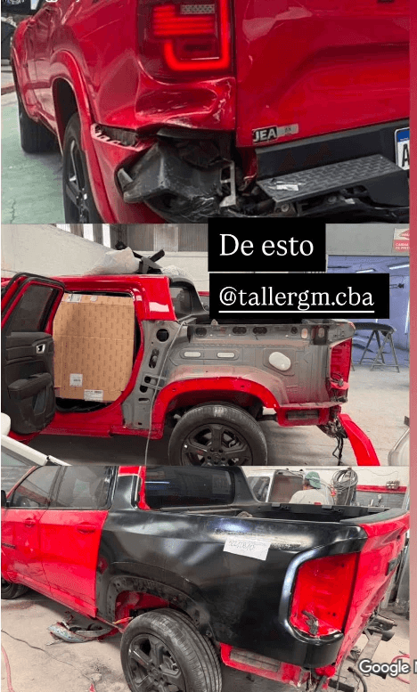 Antes: Pickup roja con la caja trasera chocada y desarmada, y la misma pickup reparada y pintada frente al taller